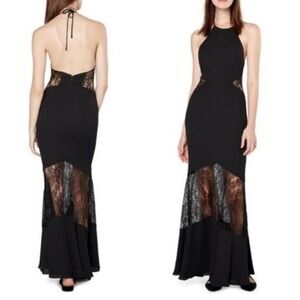 Fame and Partners Black Lace Halter Mermaid Maxi Dress Formal Gown Backless 4